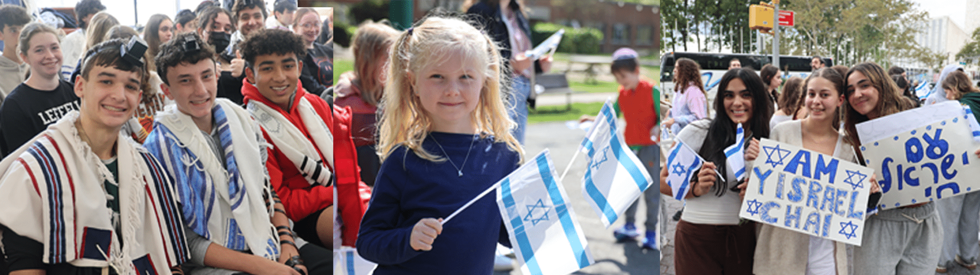 students at a pro-Israel rally holding signs and Israeli flags.